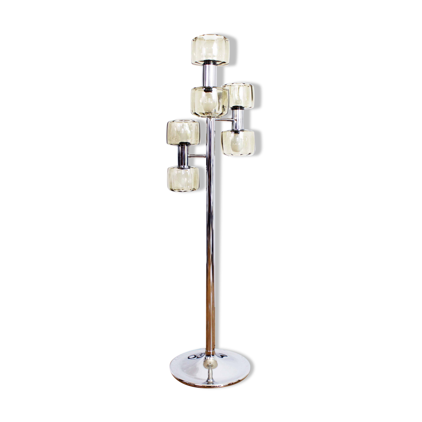 Lampadaire vintage en métal chromé et verre