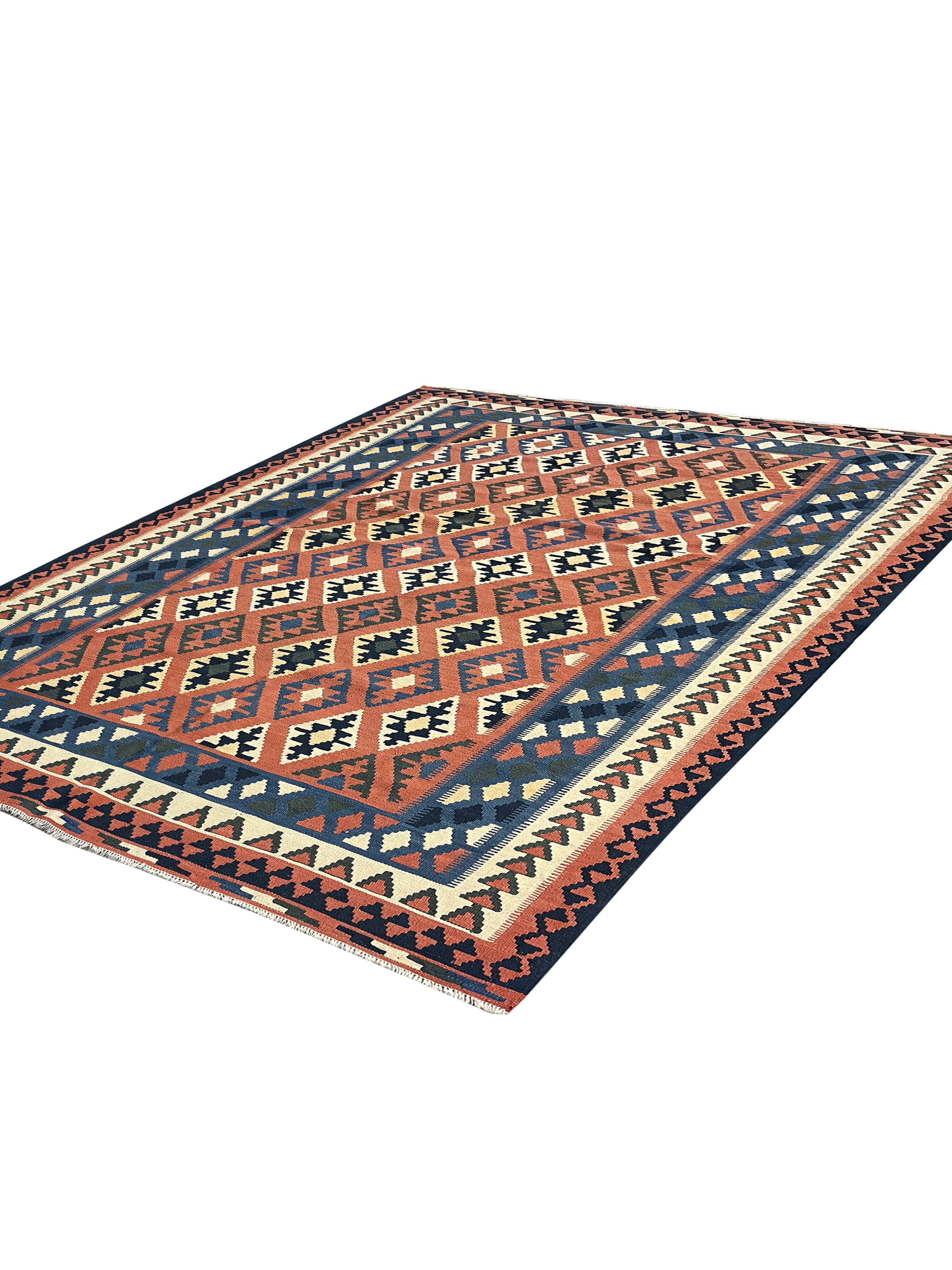 Tapis Kilim fait main pour chambre à coucher, en laine tissée à plat, motif géométrique rouille, 293 × 210 cm