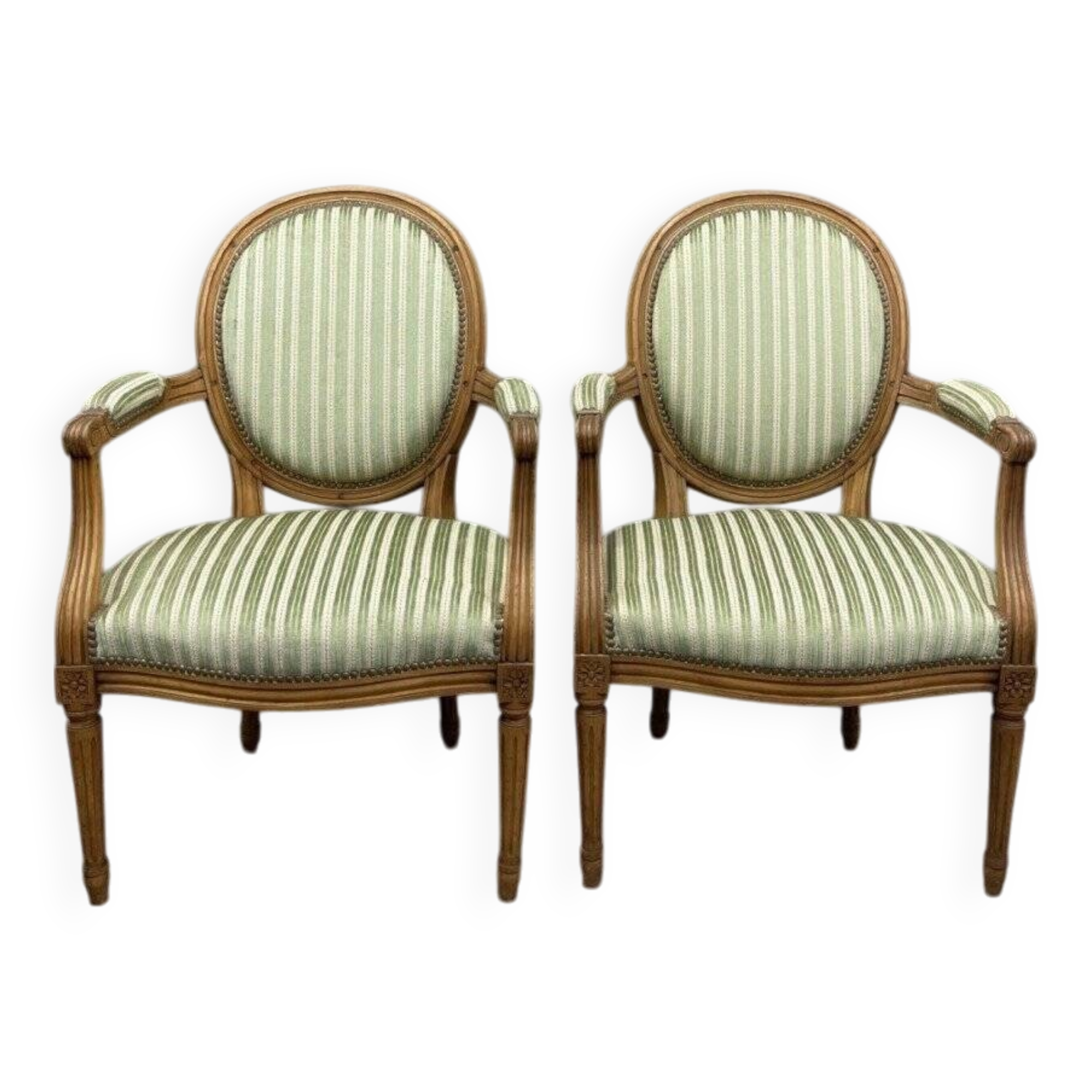 Pair of Louis XVI Style Armchairs with Green Striped Fabric 20th Century
