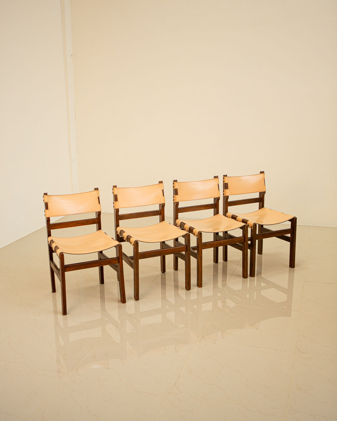 Set of 4 wooden and leather chairs by Maison Regain 70's