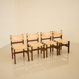 Set of 4 wooden and leather chairs by Maison Regain 70's