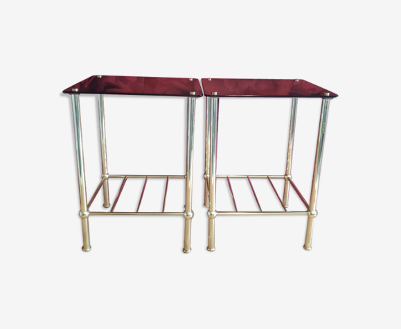 Chevets en métal doré et verre fumé des années 80
