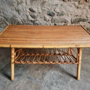 Vintage bamboo and rattan coffee table with magazine rack, French, circa 1960–1970.