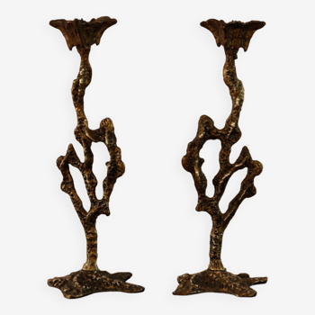 Pair of bronze candle holders, freeform