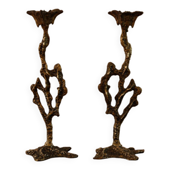 Pair of bronze candle holders, freeform