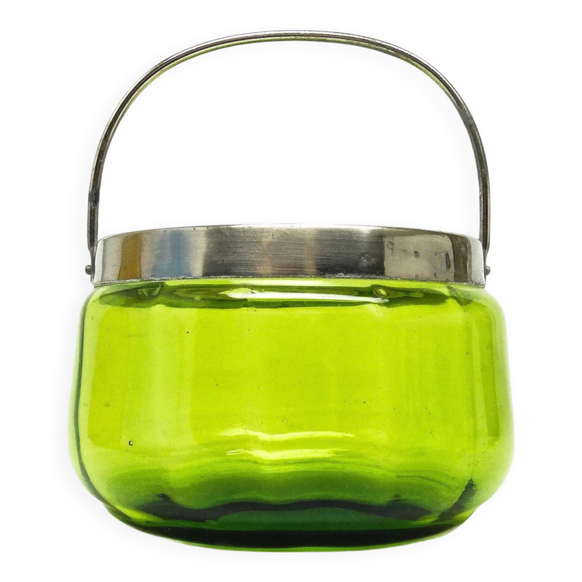 Sugar bowl, Art Nouveau, green glass, silver-plated brass, Sweden, early 20th century