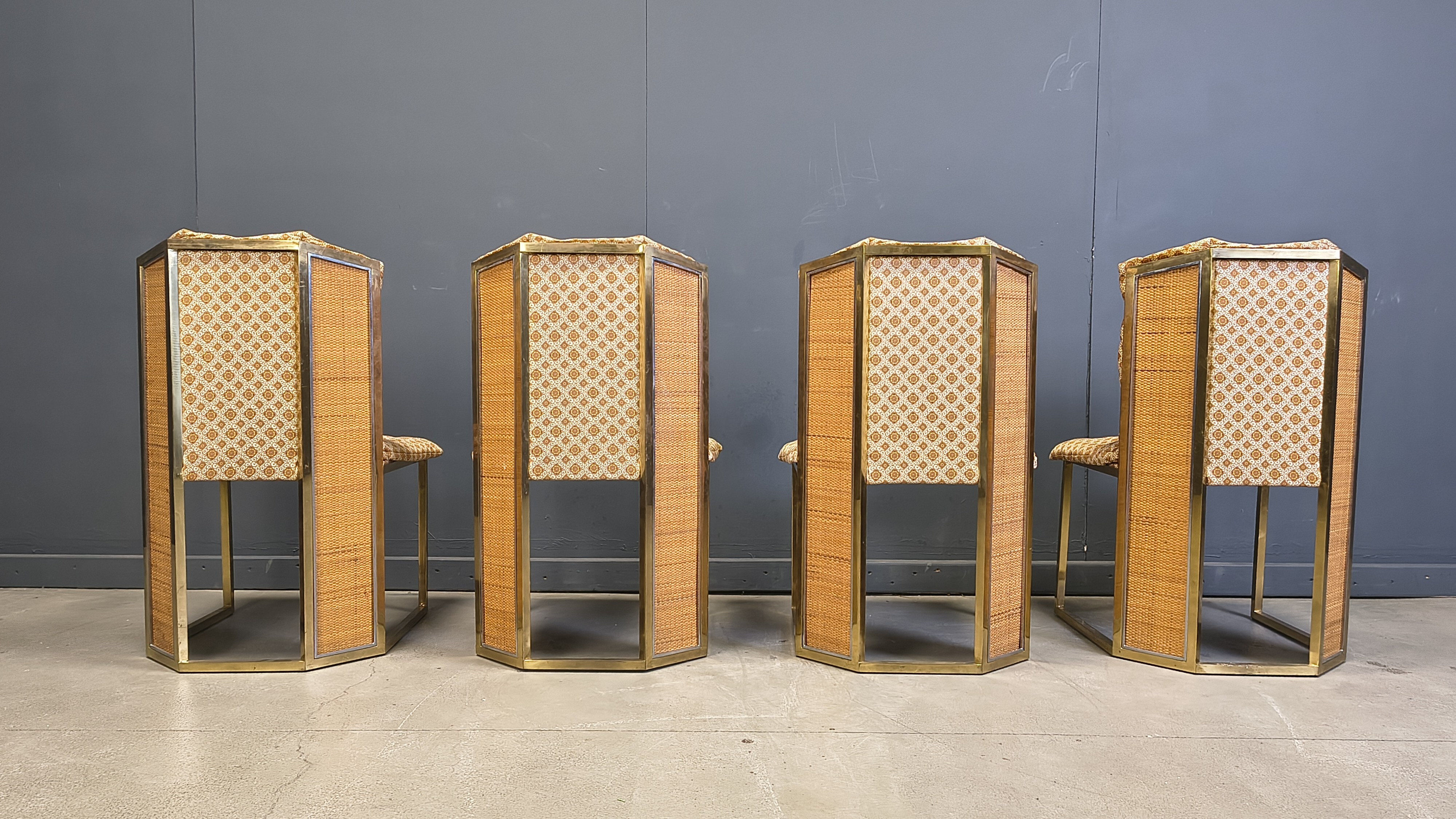 Romeo Rega set of 4 dining chairs in brass and wicker for Mario Sabot, 1970s