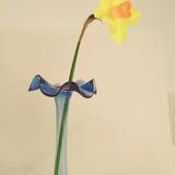 Vase bleu cobalt vintage bord onduler - verre souffle