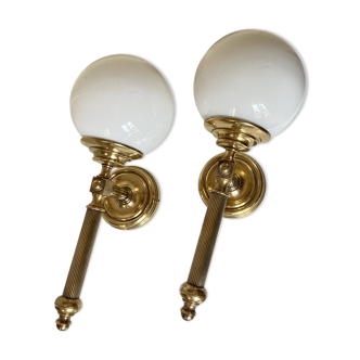 Set of 2 Torchiere Type Wall Lamps in 1950s Style Golden Brass with White Opaline Ball