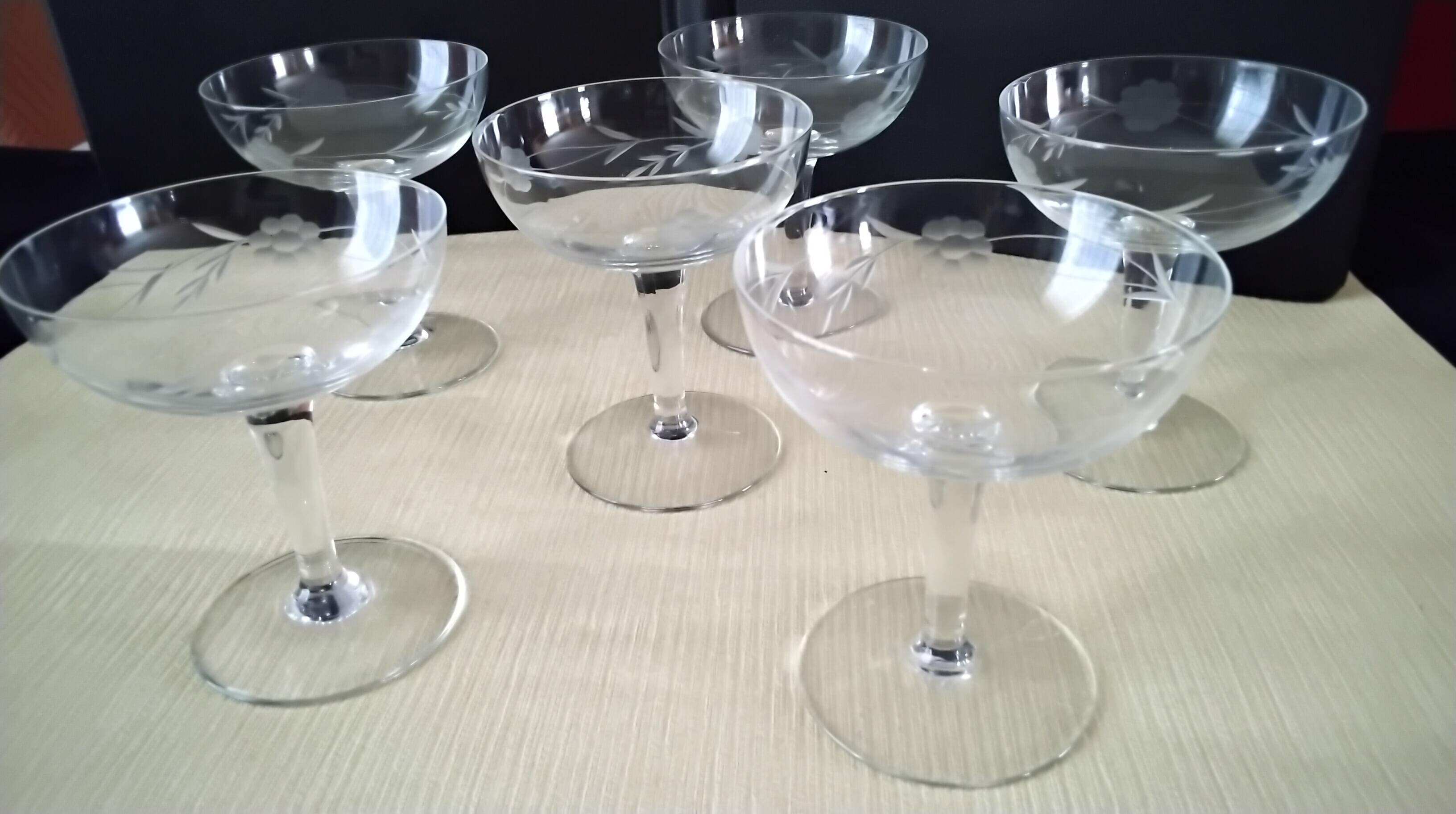 6 vintage champagne coupes in frosted glass.