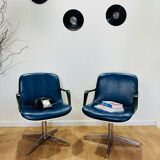 2 office chairs attr. to Strafor, white molded plastic shell, blue skai and chrome metal star base