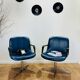 2 office chairs attr. to Strafor, white molded plastic shell, blue skai and chrome metal star base