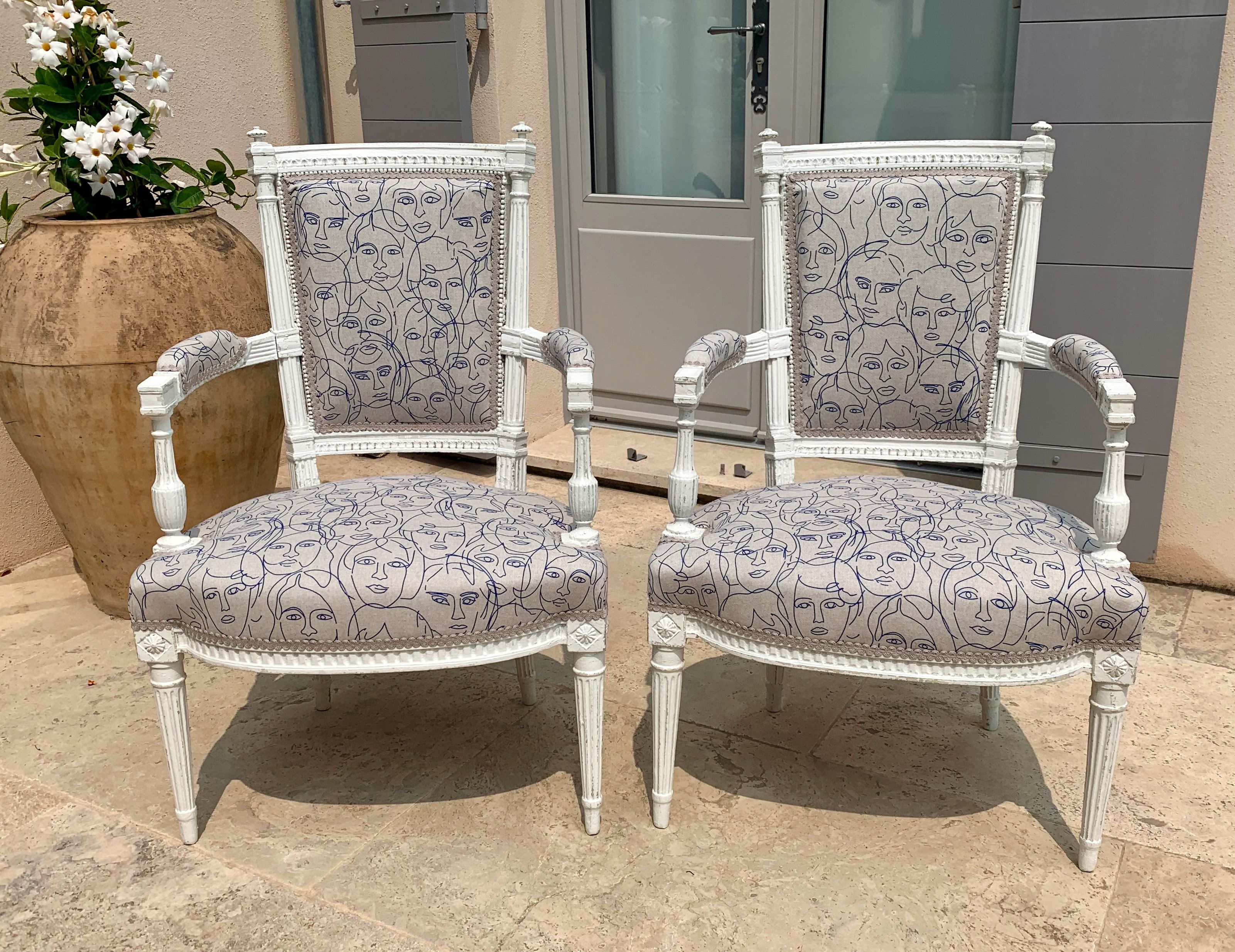Pair of patinated louis xvi period armchairs, new tapestry