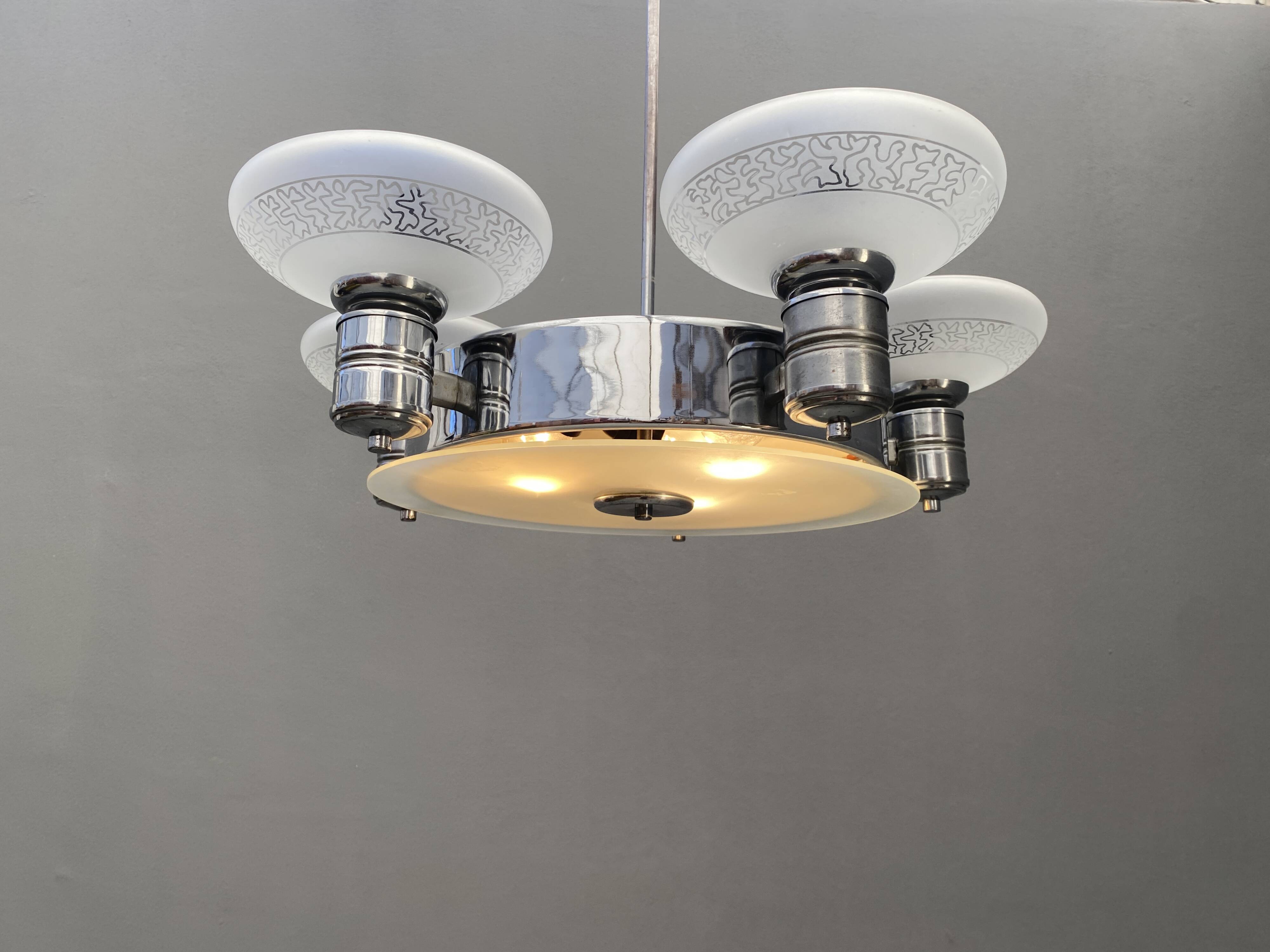 Art Deco Chrome Chandelier with Glass Bowl Shades