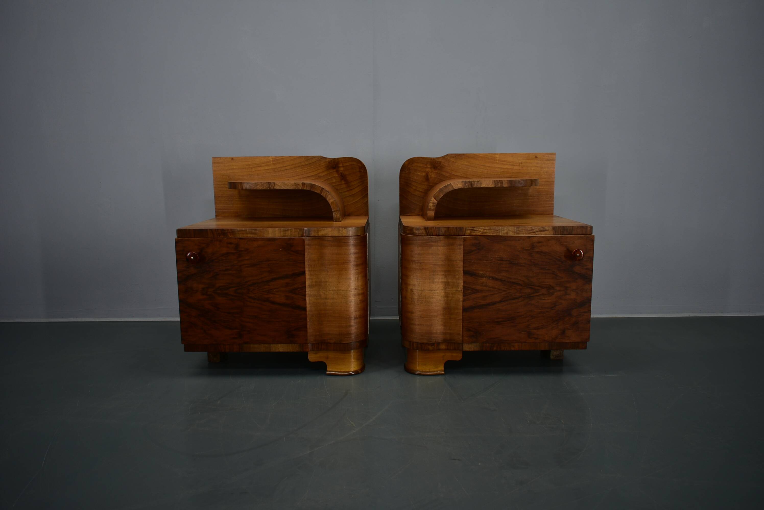 1930s Art Deco nightstands in walnut finish, Czechoslovakia