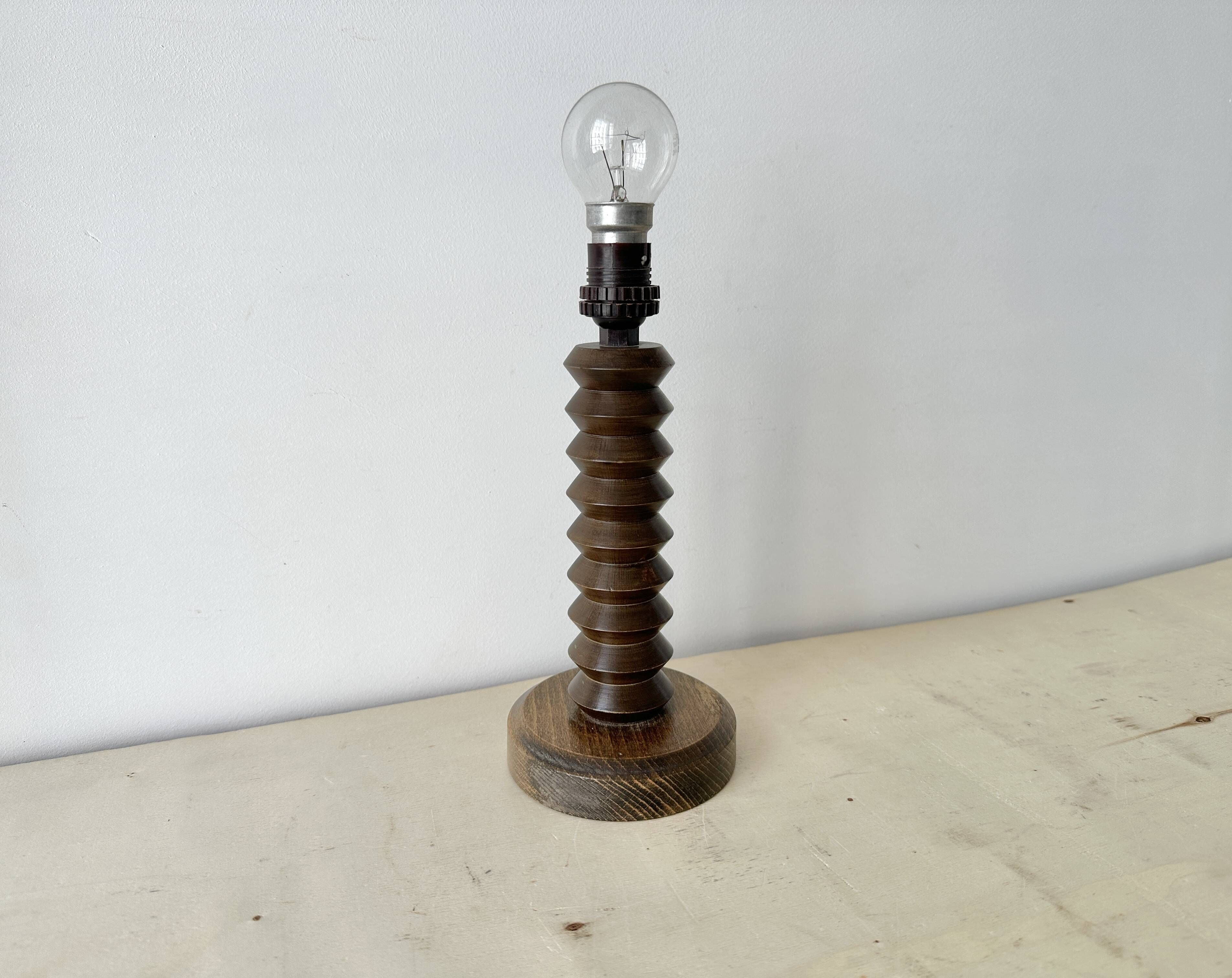 Rustic wooden turned lamp base from the 1950s, vintage rustic lighting.