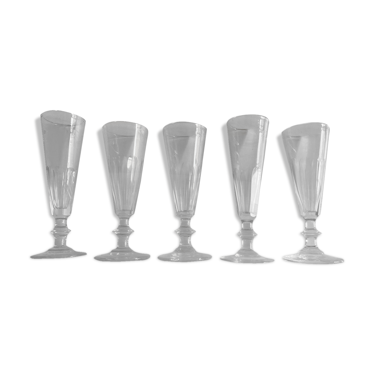 Set of 5 19th glass champagne flutes with flat slices cut