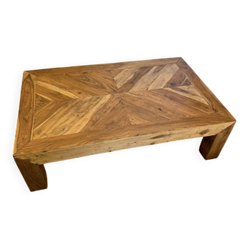 Grande table basse en bois massif de sheesham, plateau en marqueterie pointes de diamant