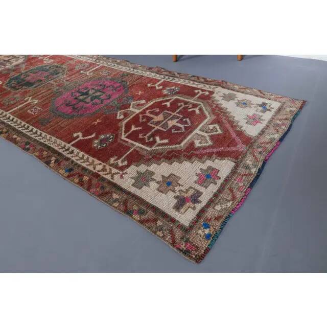 1970s Vintage Turkish Hand-Knotted Wool Cotton Red Runner Rug 90x390
