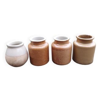 4 old mustard pots in brown stoneware