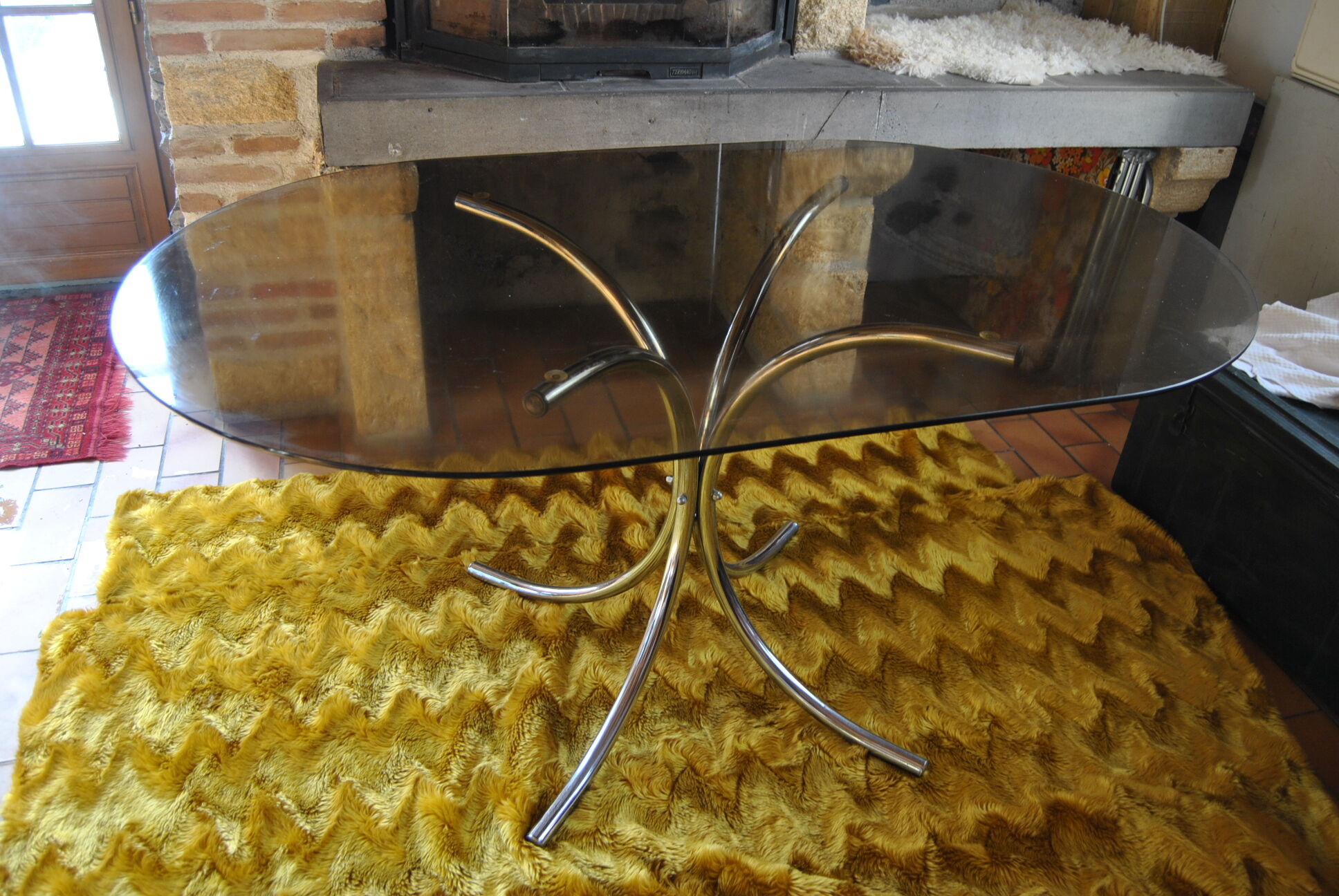 Dining table stainless steel legs and tempered glass top 70s