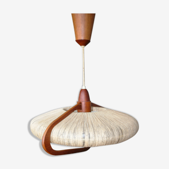 Scandinavian hanging lamp in teak and rope