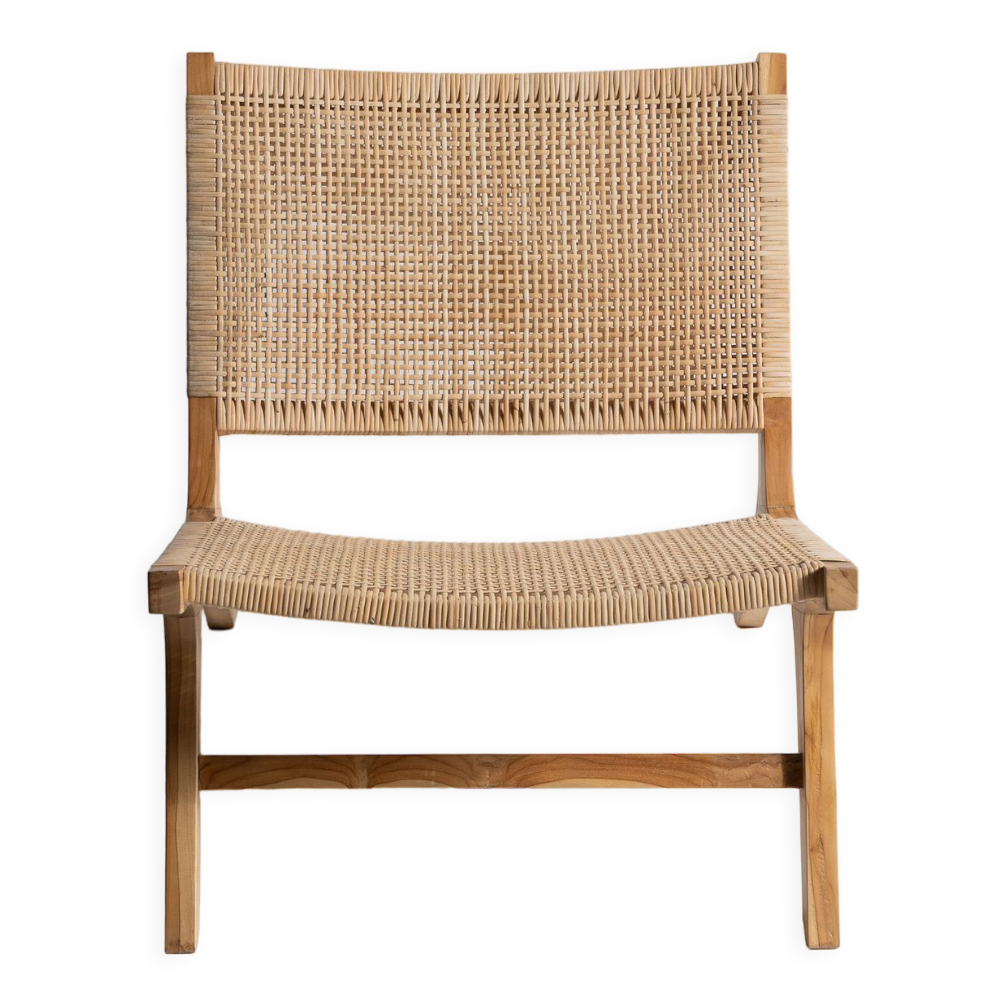 Reclining armchair in natural wood and woven rattan