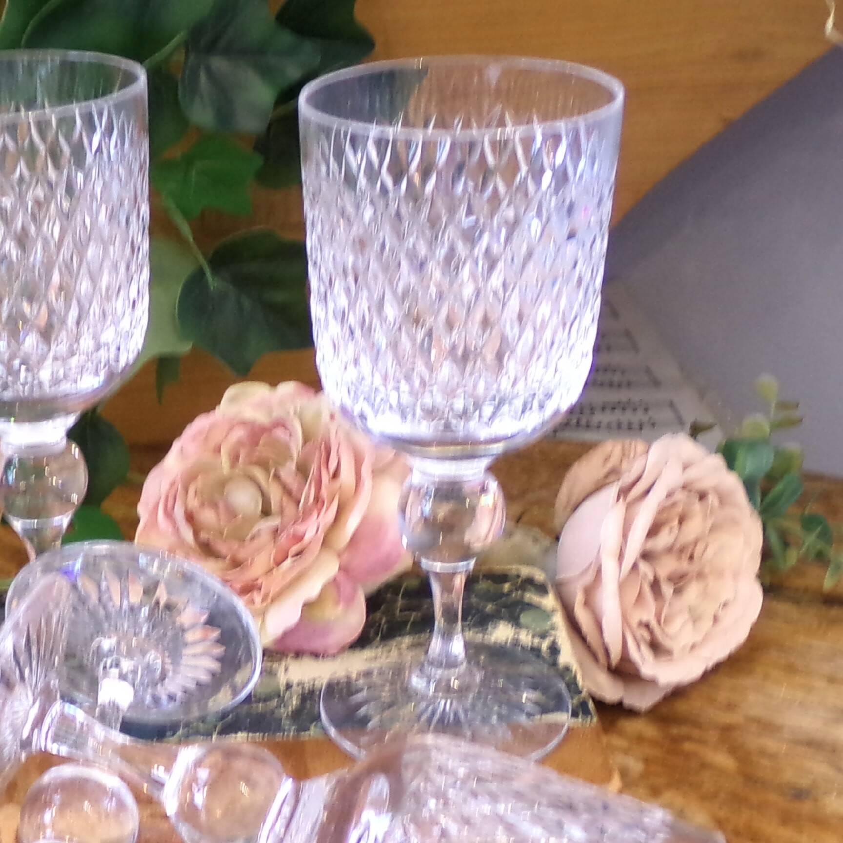 Vintage cut crystal wine or water glasses Set of 4 stemmed glasses