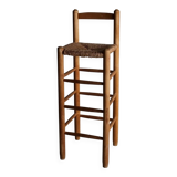 Tabouret de bar rustique à assise en jonc | France | Années 1960