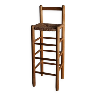 Tabouret de bar rustique à assise en jonc | France | Années 1960
