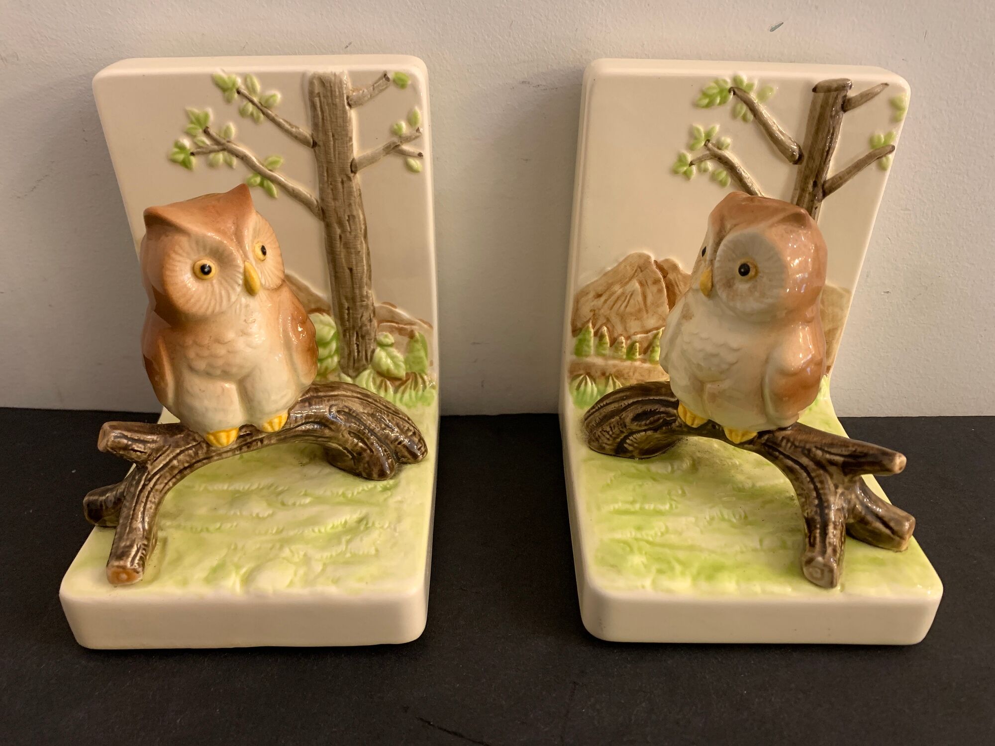 Pair of owl Japanese ceramic book greenhouses, 1980