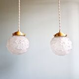 Pair of Art Deco pendant lights in transparent satin glass, 1920s-30s