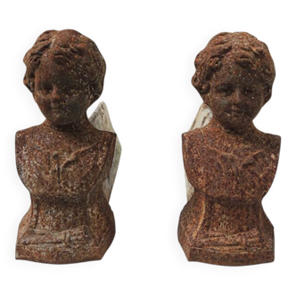 Old Cast Iron Andirons: Bust of a Garconne