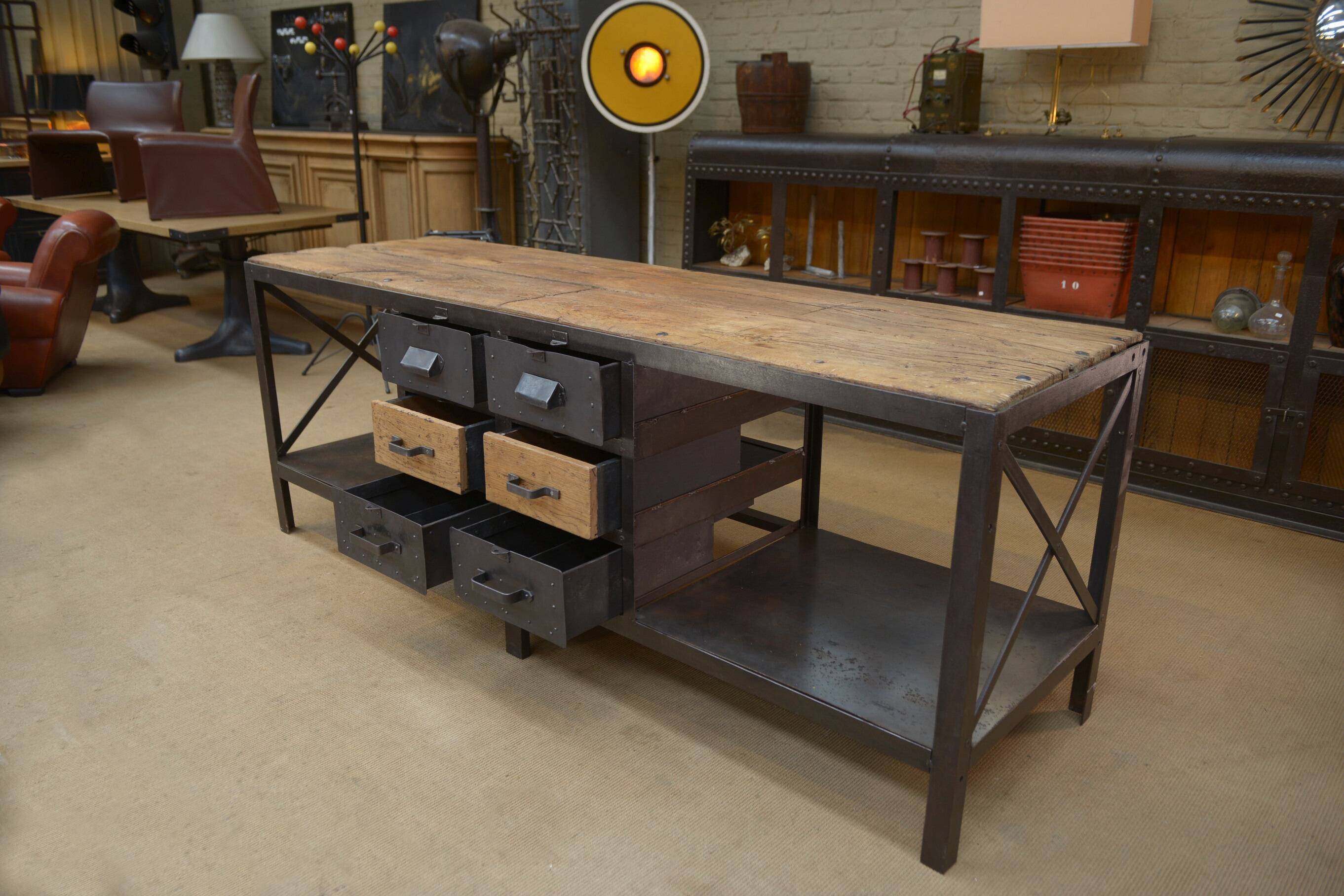 Industrial sideboard from metal and wood factory 1950