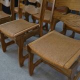 Set of 6 oak dining chairs with rush seat and 'Echelle' backrest in the style of Guillerme et Chambron 1950s