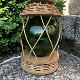 Old ratan table lamp, rattan and blown glass.