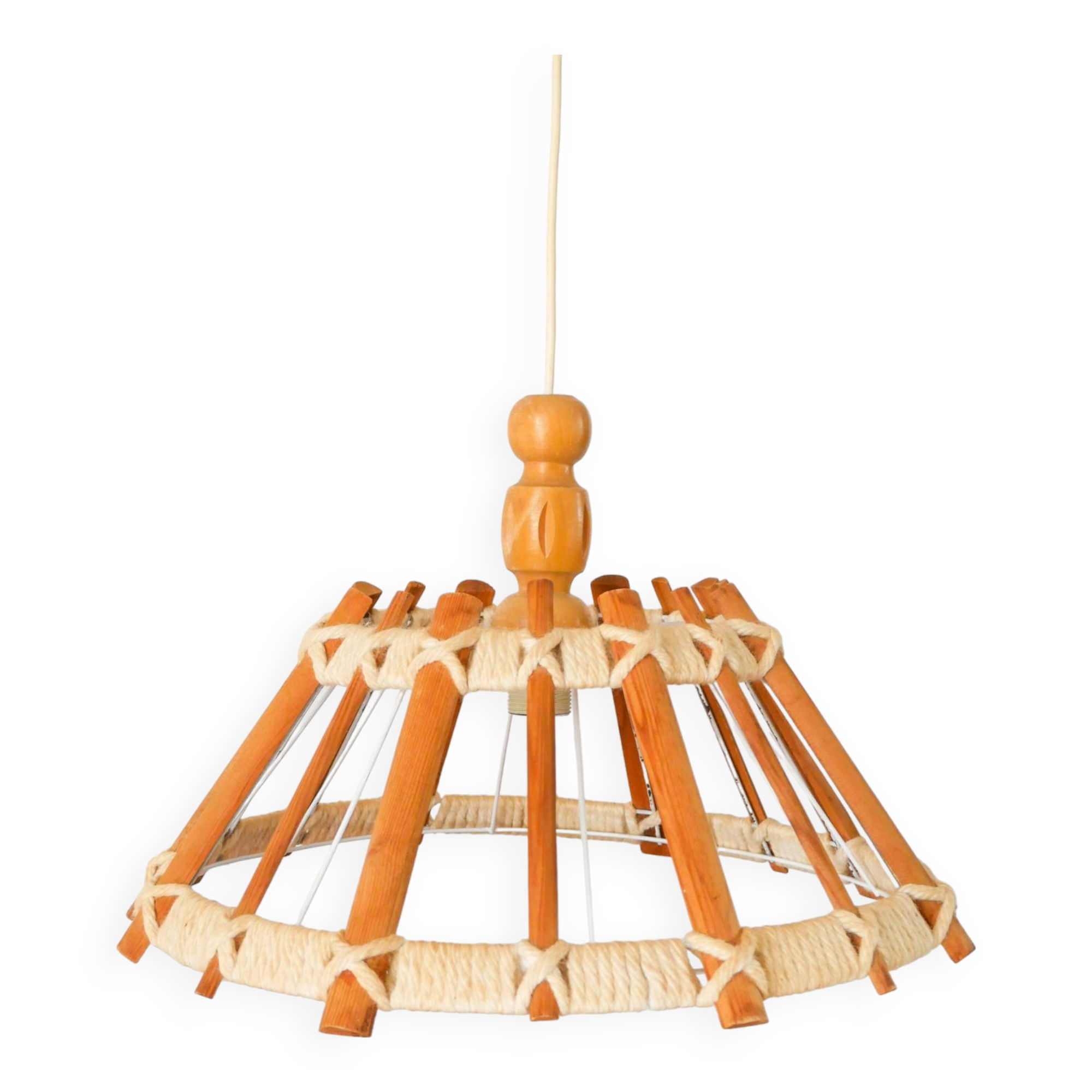 Scandinavian pendant light in wood and rope, 1960
