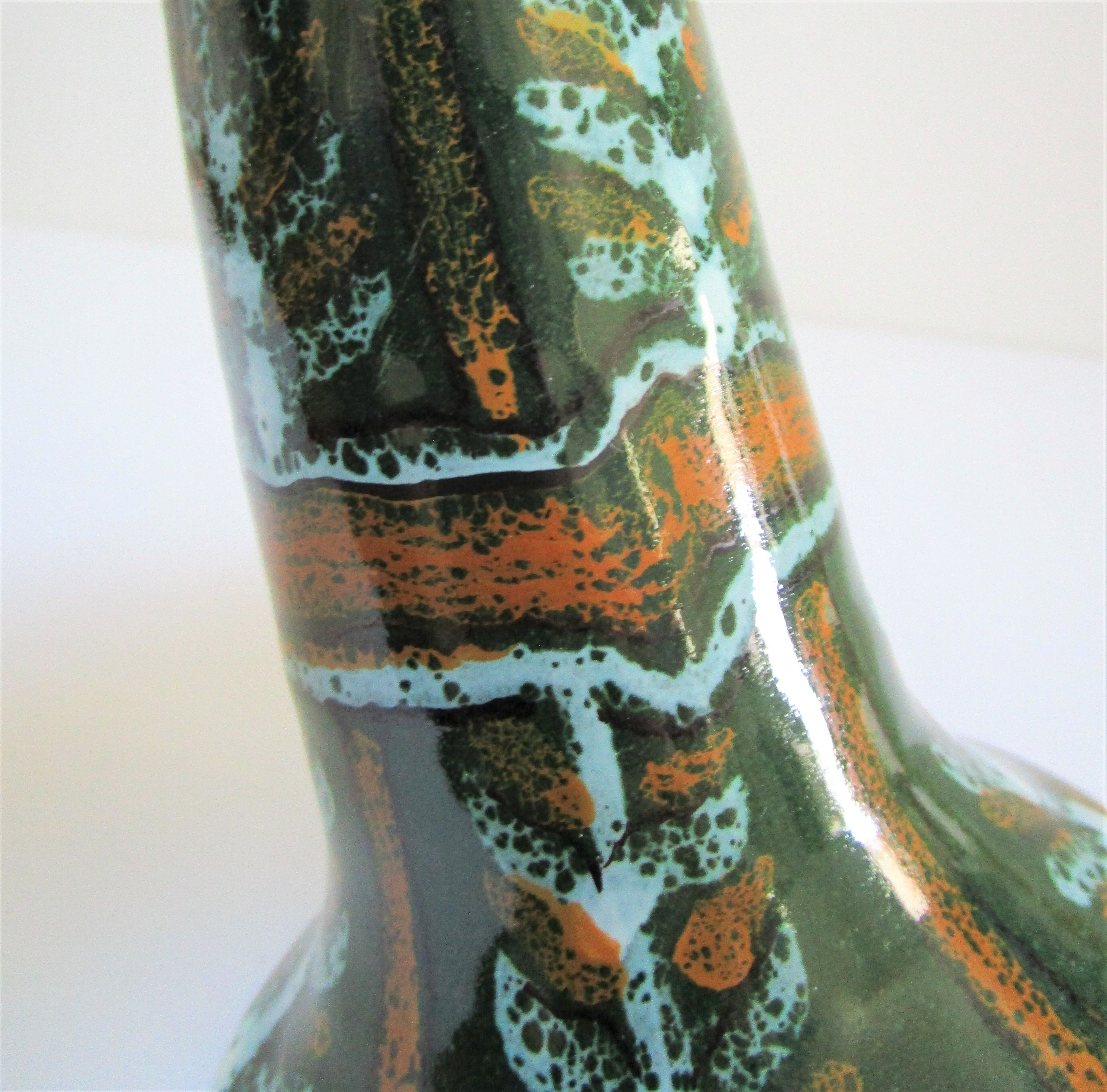 enamelled ceramic candle holder signed "S" plant decoration 70s