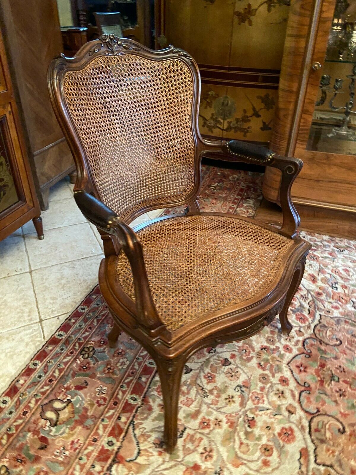Solid walnut office chair seat and backrest caned Louis XV style