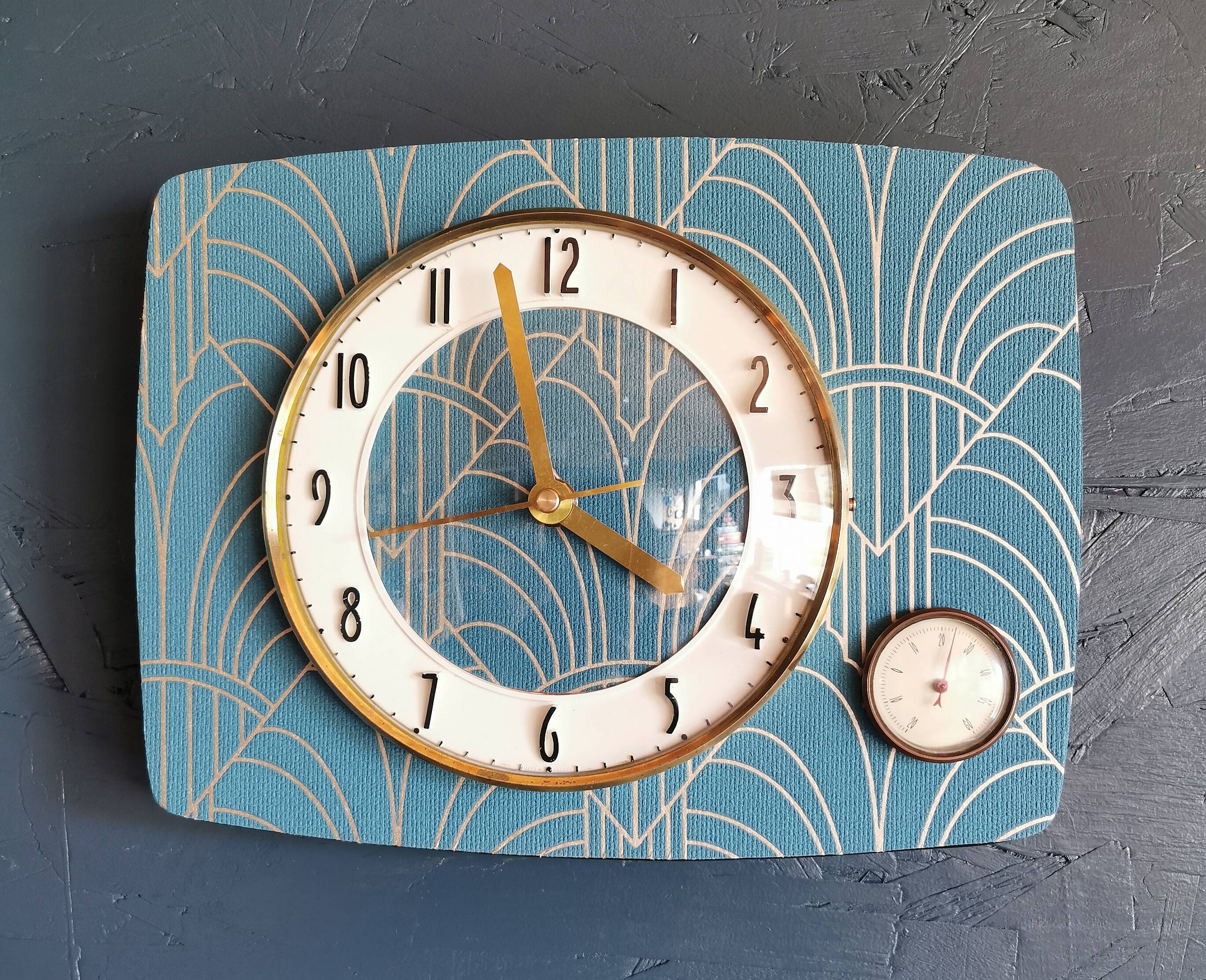 Vintage thermometer clock rectangular silent wall pendulum "Golden blue"