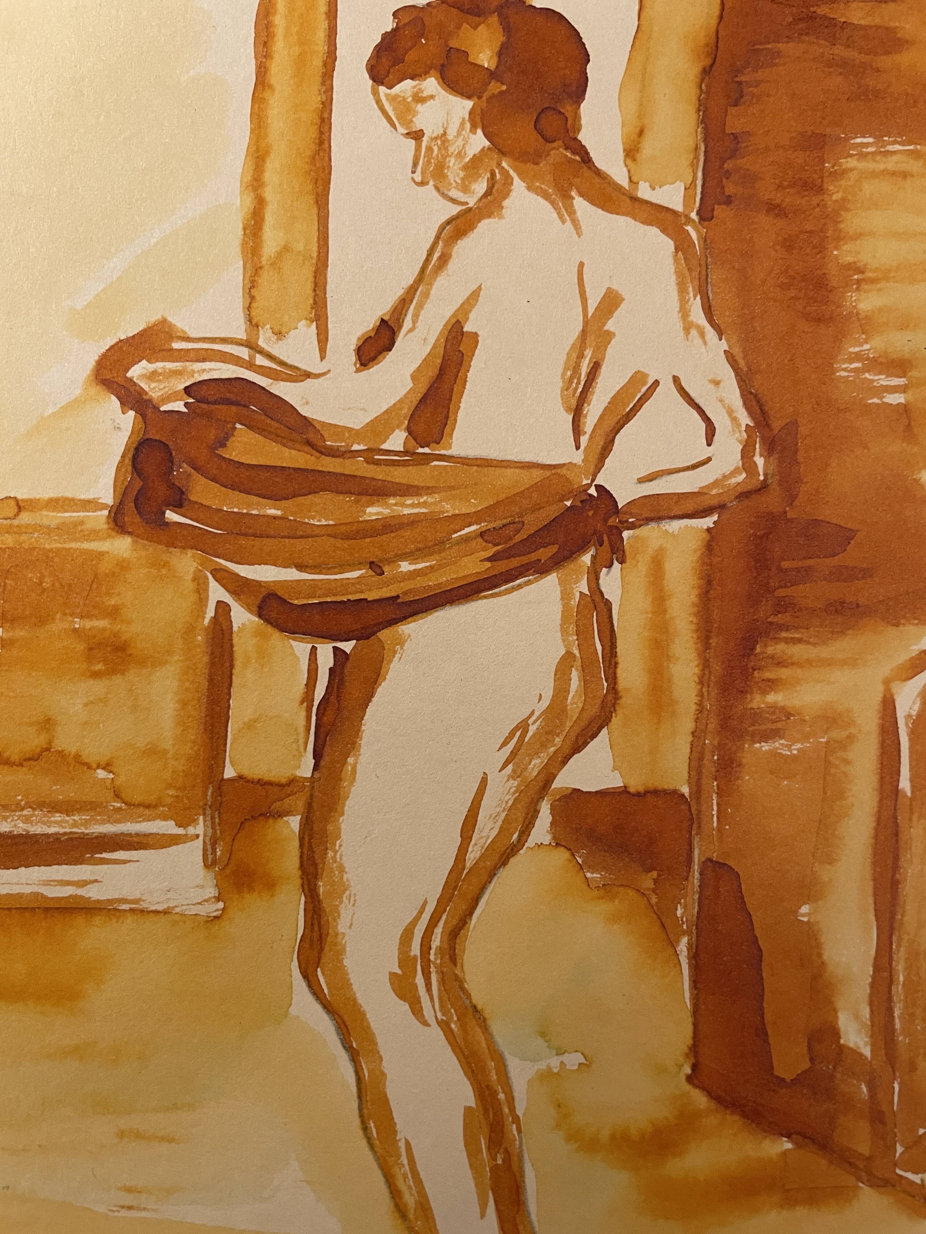 Red chalk watercolor portrait of a woman "study of coming out of the bath"