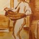 Red chalk watercolor portrait of a woman "study of coming out of the bath"