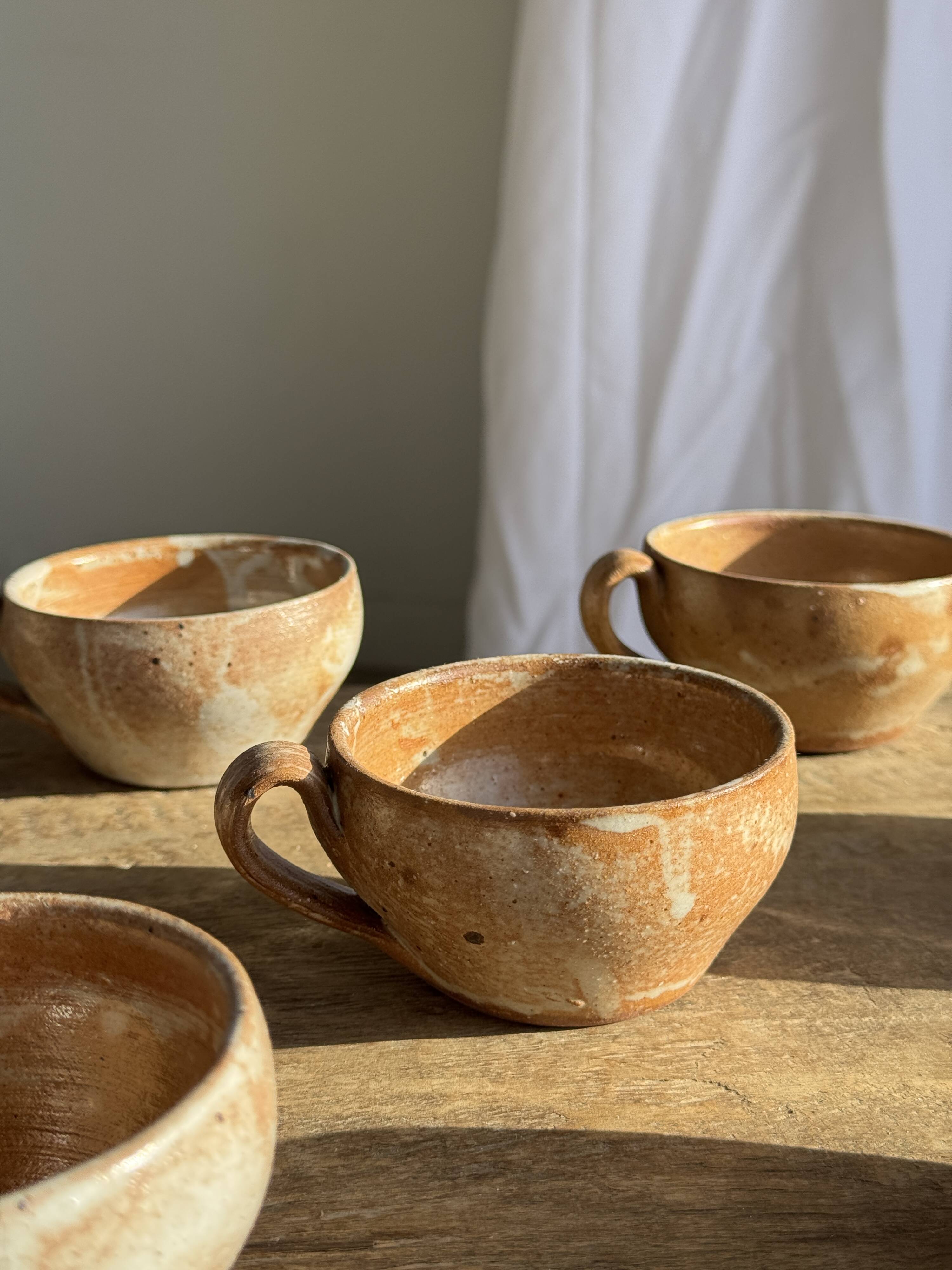 Set of 11 vintage coffee cups, raw matte stoneware H11