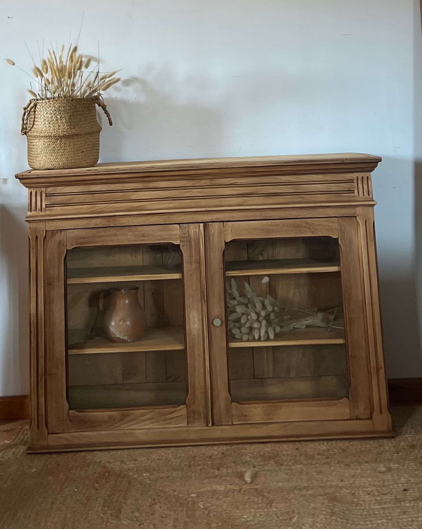 Old glass-fronted Parisian buffet in raw solid wood