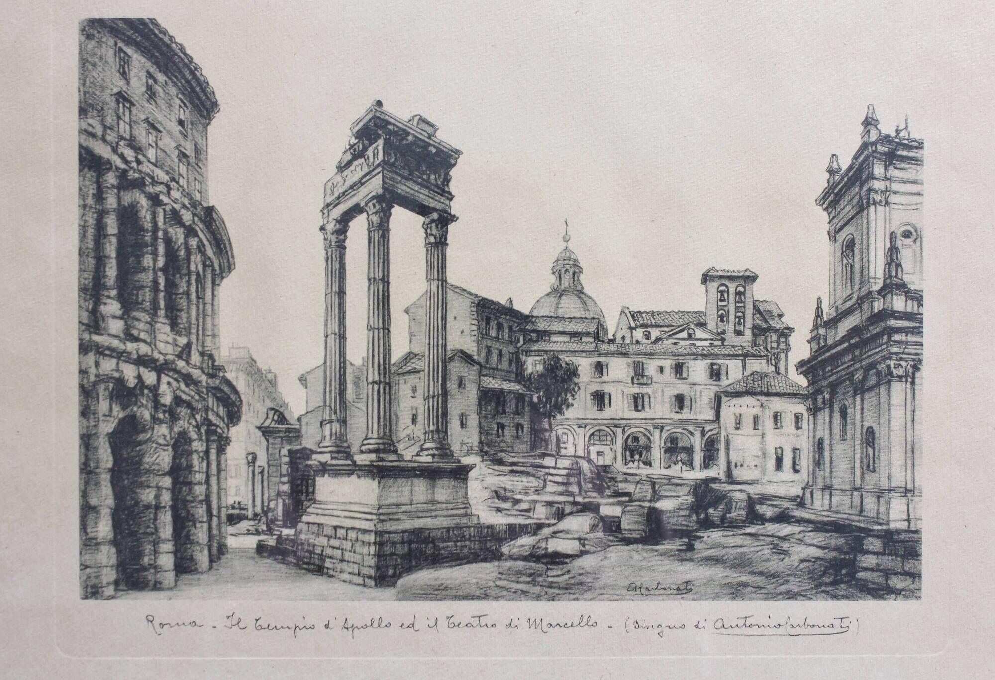 Framed lithograph reproduction drawing ruins of Rome by Antonio Carbonati vintage