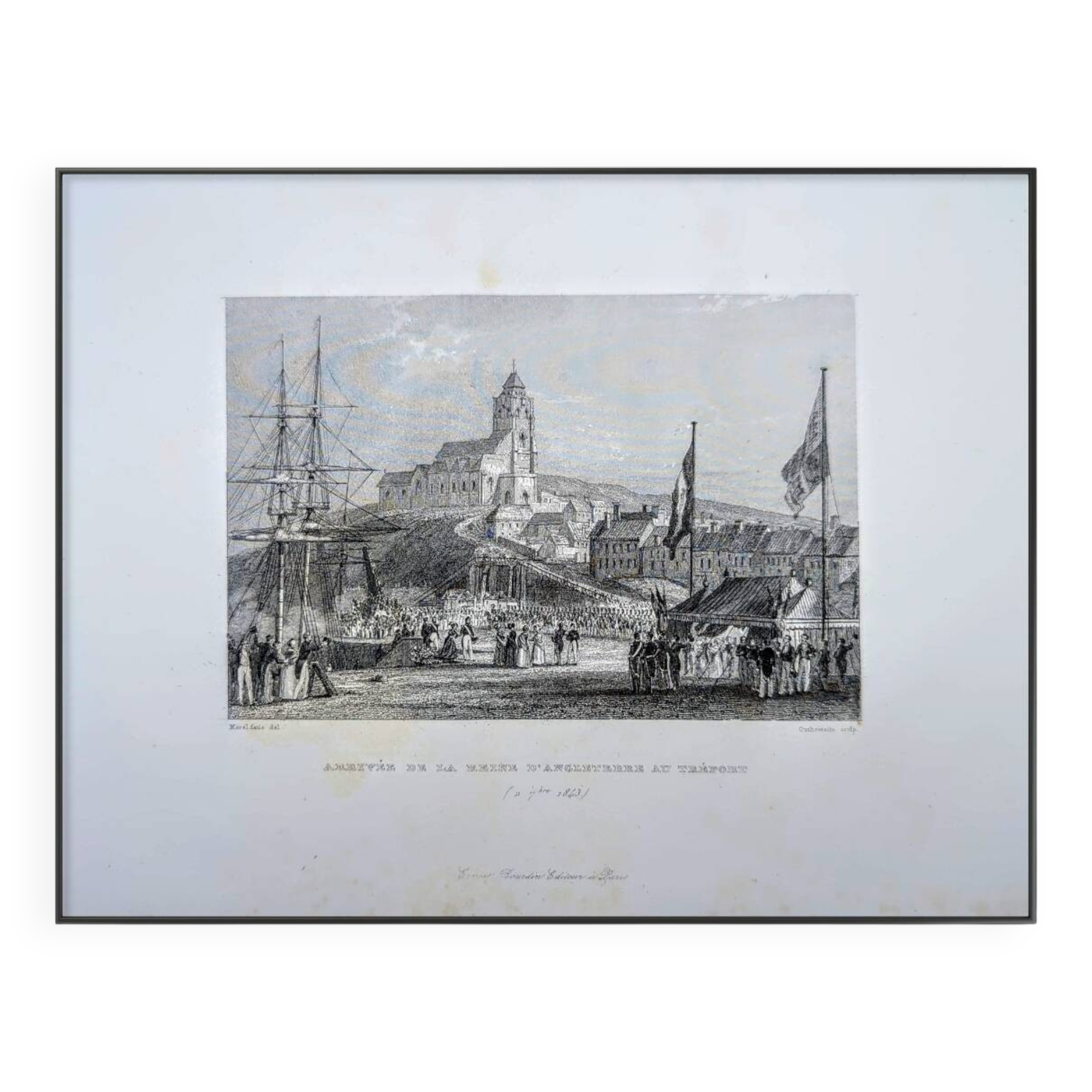 Vintage engraving of Le Tréport, Normandy. Printed in 1844.