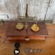 Antique trebuchet precision scale gilt bronze + wooden box + weight