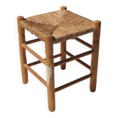 Tabouret bas en bois et paille