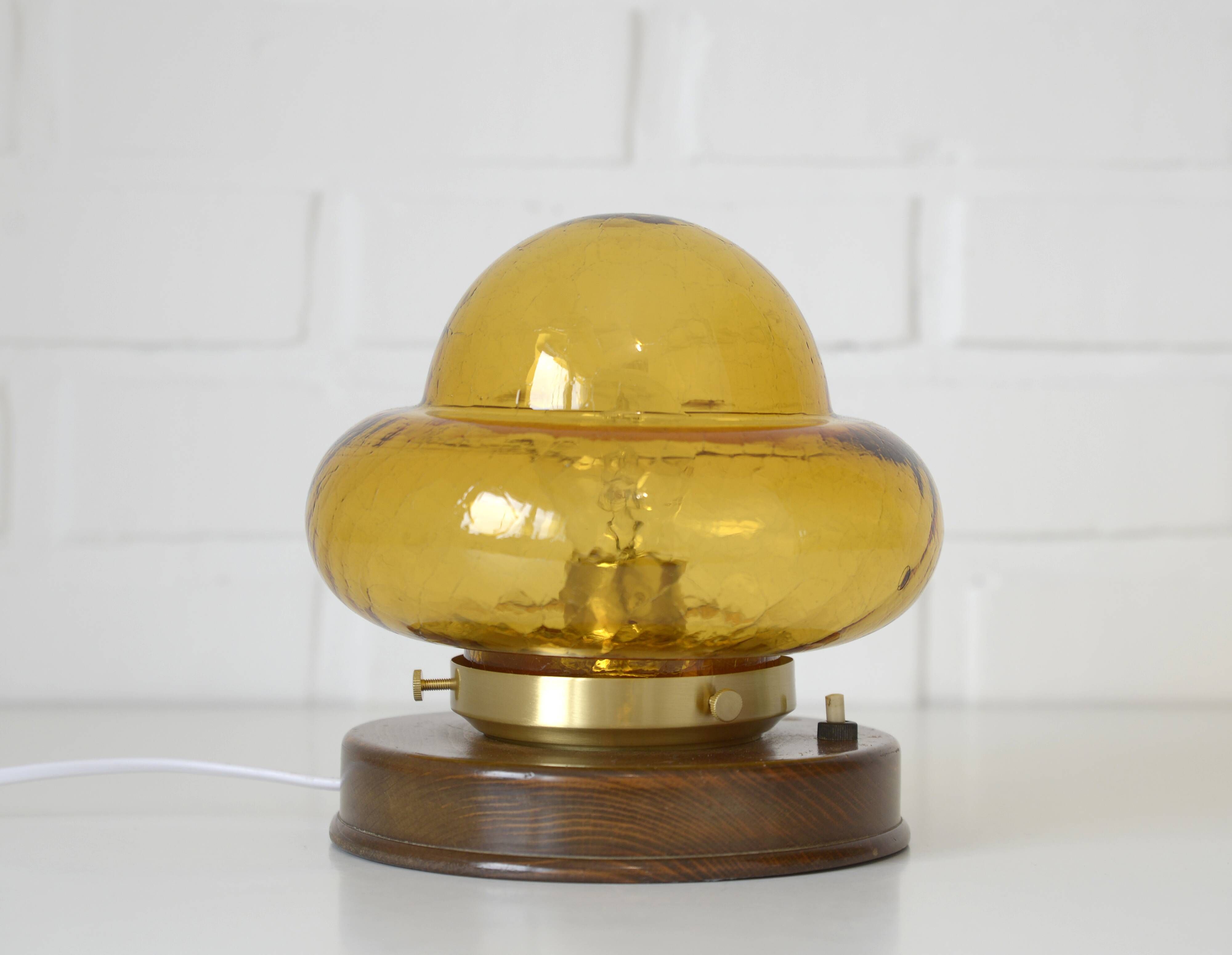 Vintage table lamp rustic desk light amber glass mushroom lamp 1970