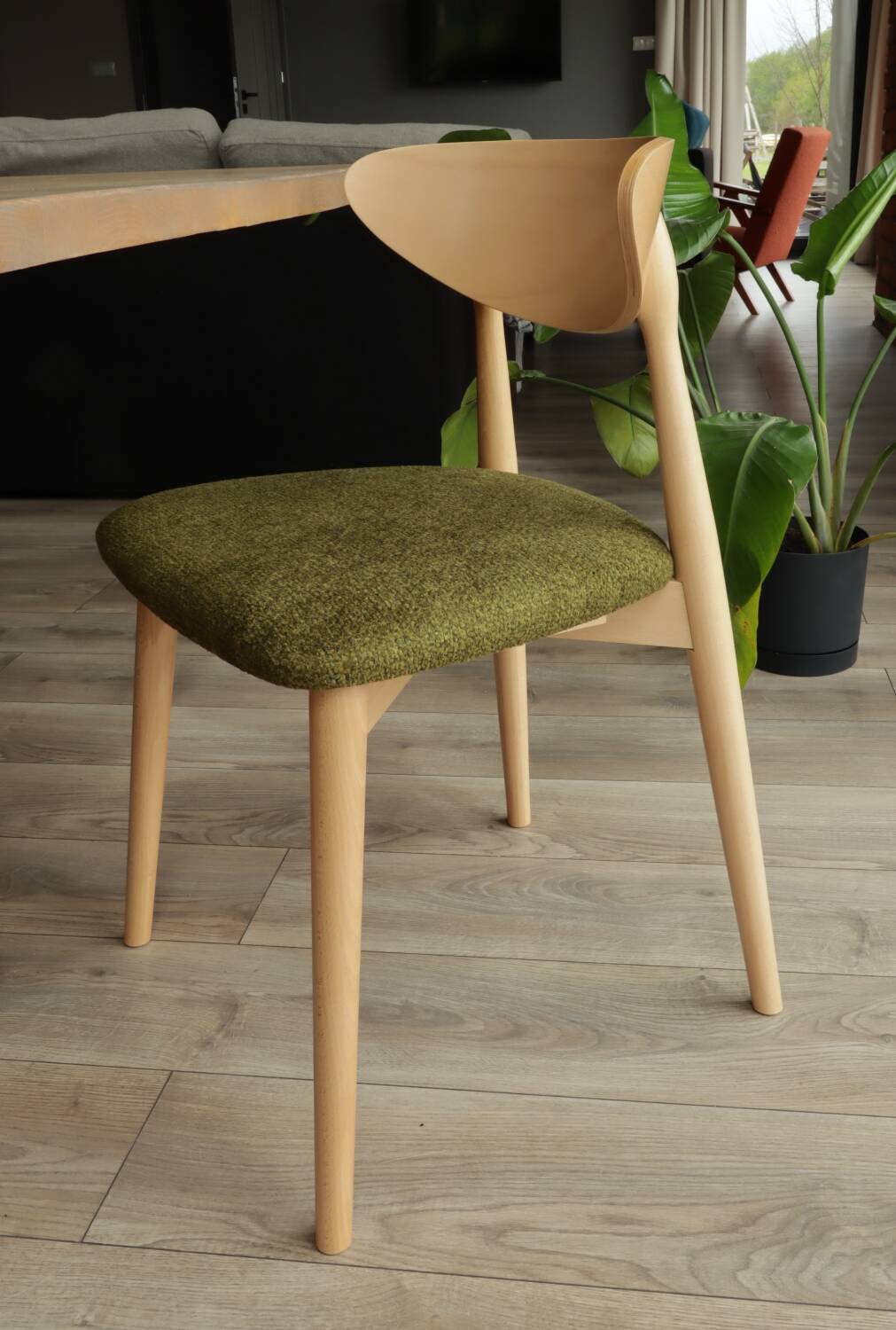 Natural Dining Chair with green upholstery, new modern design vintage style